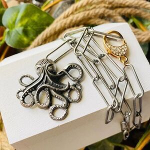 Octopus Paperclip Chain Necklace Rhinestone Clasp